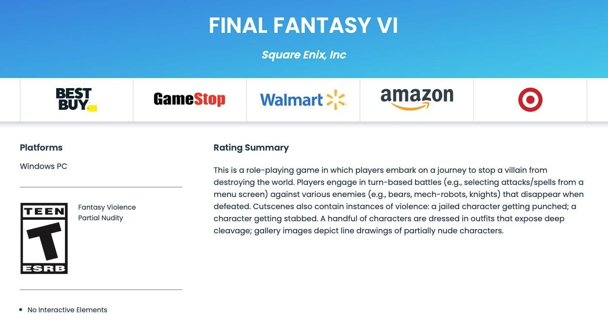 《最終幻想6像素復刻版》被ESRB評級含暴力及裸露元素