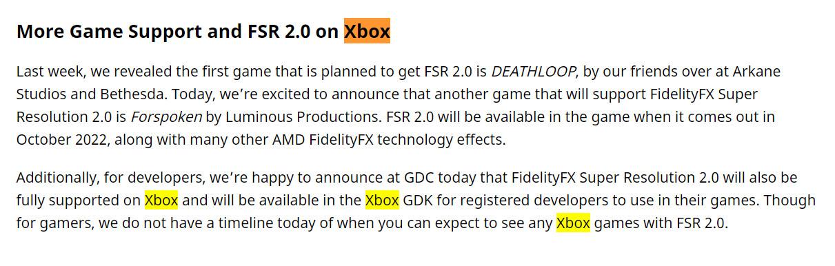 AMD宣布FSR 2.0將登陸Xbox主機