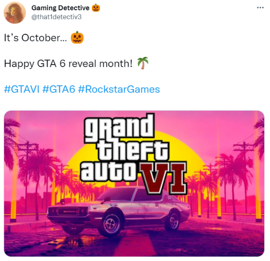 網民紛紛出貼認為《GTA 6》會在10月公佈
