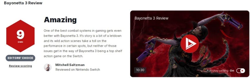 《蓓優妮塔3》IGN評9分Switch上頂級動作遊戲