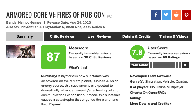 裝甲核心VI 境界天火》Metacritic 用戶評分並不理想- 香港手機遊戲網