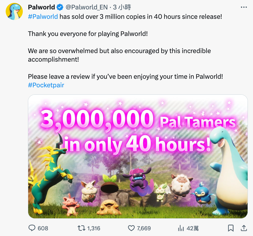 《PalWorld / 幻獸帕魯》40小時突破300萬銷售