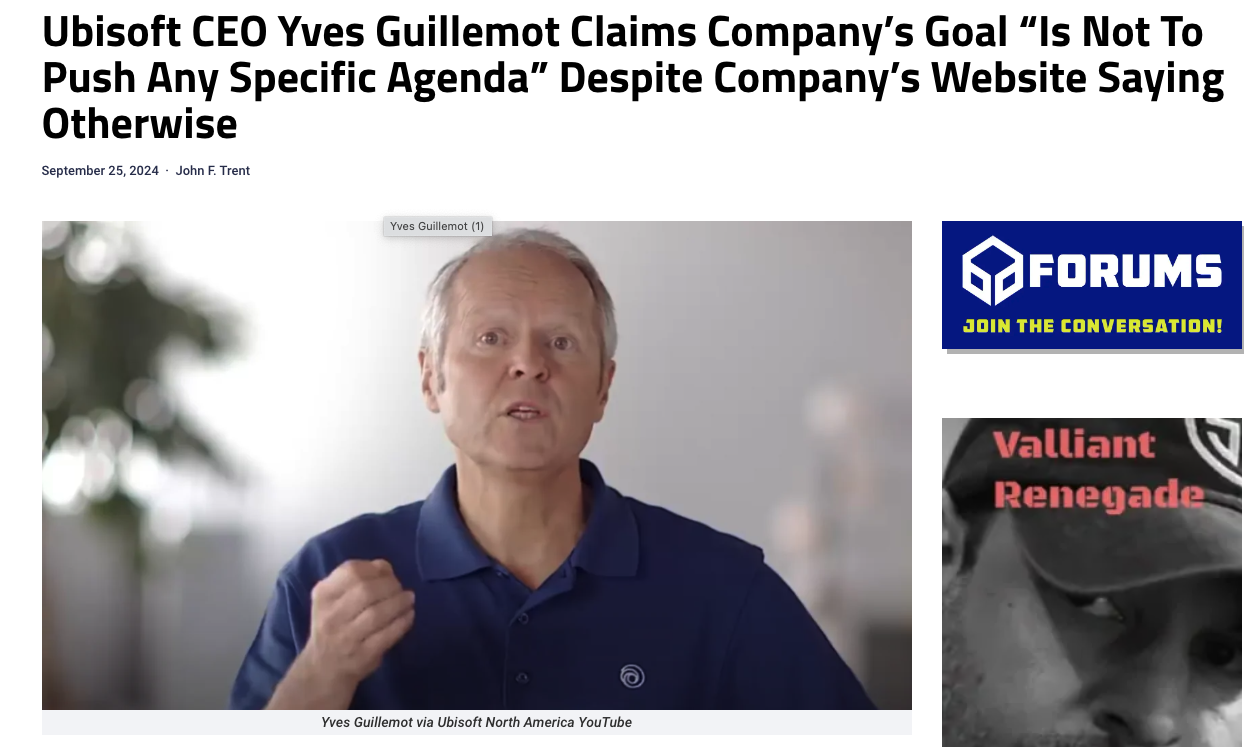 育碧CEO Yves Guillemot澄清公司無意推動特定議程