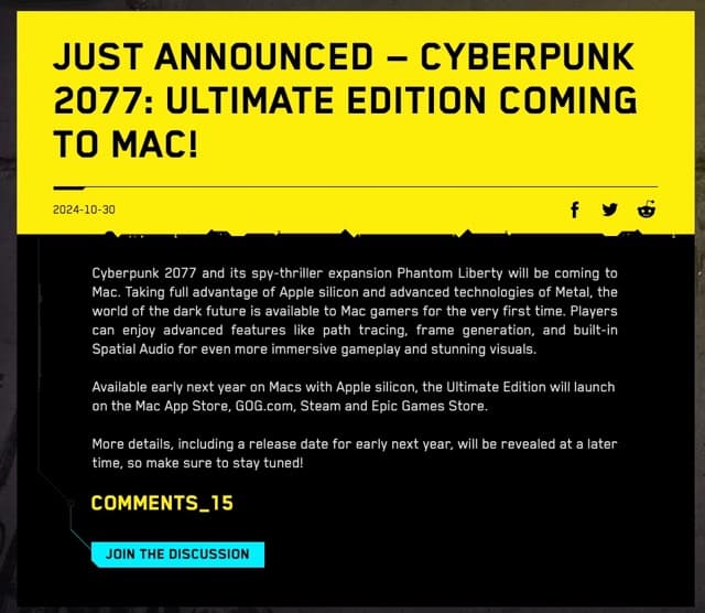 《Cyberpunk 2077：終極版》即將登陸Mac Apple Silicon性能全面釋放