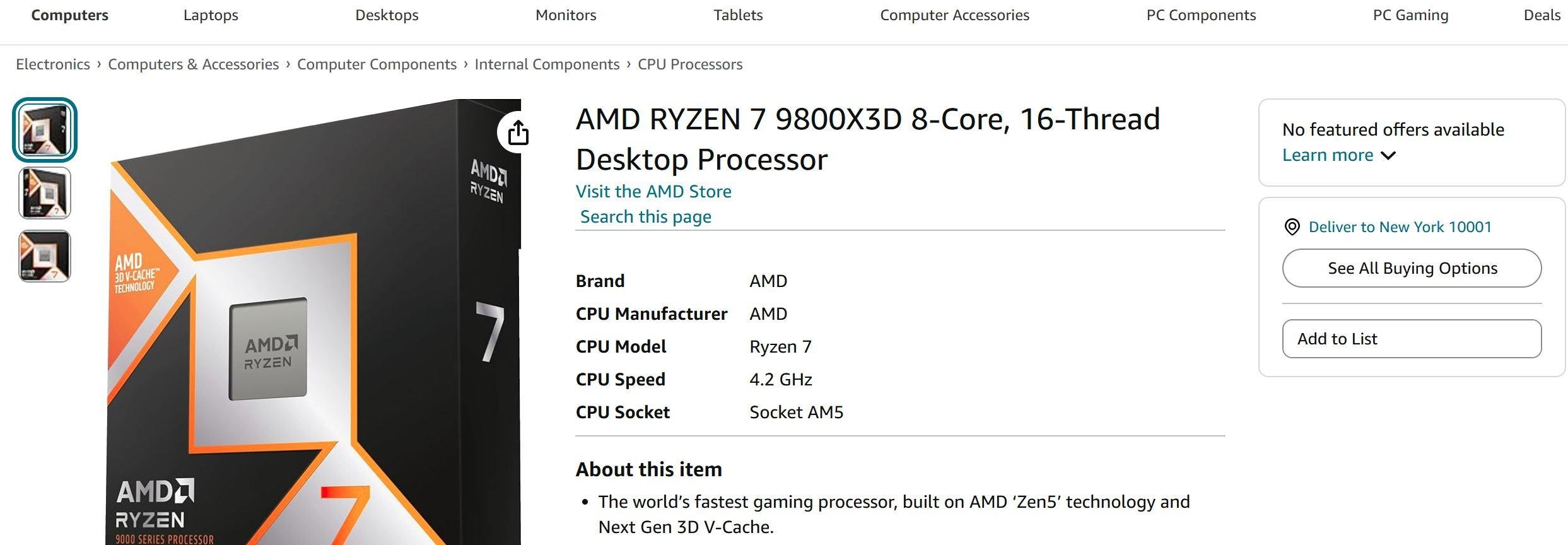 AMD Ryzen 7 9800X3D銷售火爆 亞馬遜全面售罄