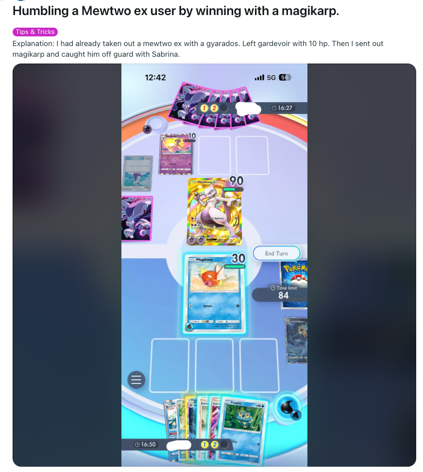 《Pokemon TCG Pocket》玩家用鯉魚王擊敗Mewtwo ex牌組