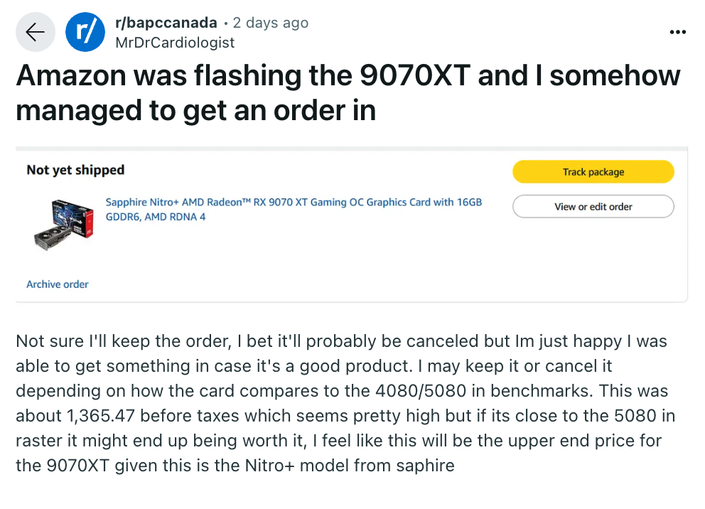 Sapphire RX 9070 XT NITRO+ 提前上架 加拿大售價高達 1365 加元