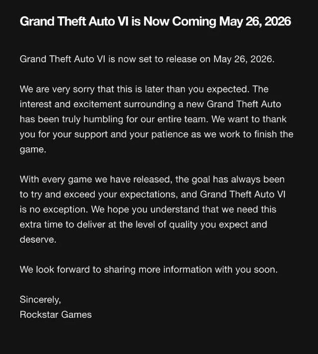 《GTA 6》官方宣布延期至2026年5月登場　PC版本或延至2028年推出