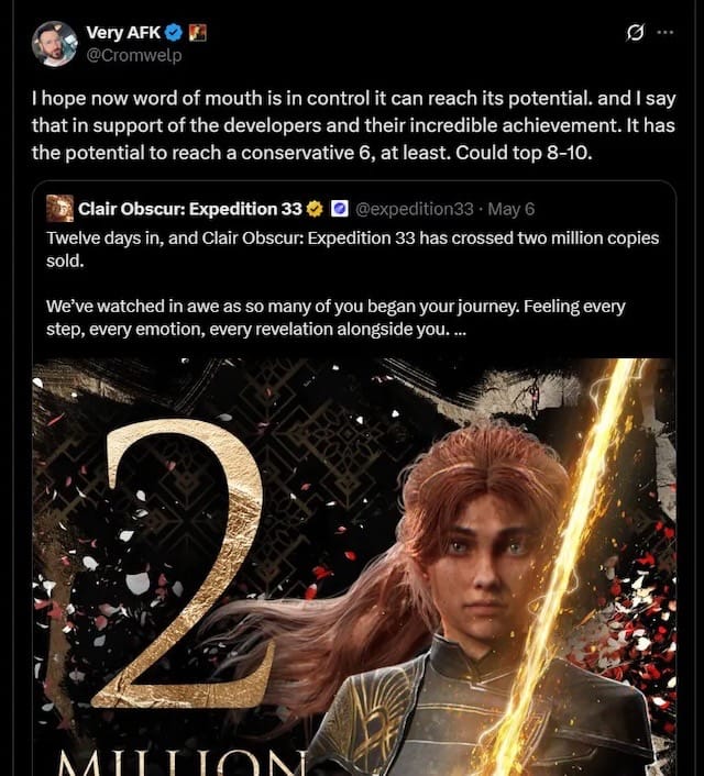 《柏德之門3》開發者大讚新作《光與影：33號遠征隊》 預測銷量可突破千萬