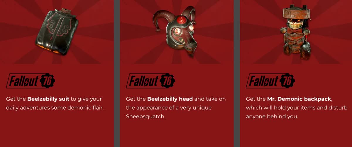 Fallout 76 免費造型「Beelzebilly」與「Mr. Demonic」外觀展示截圖。