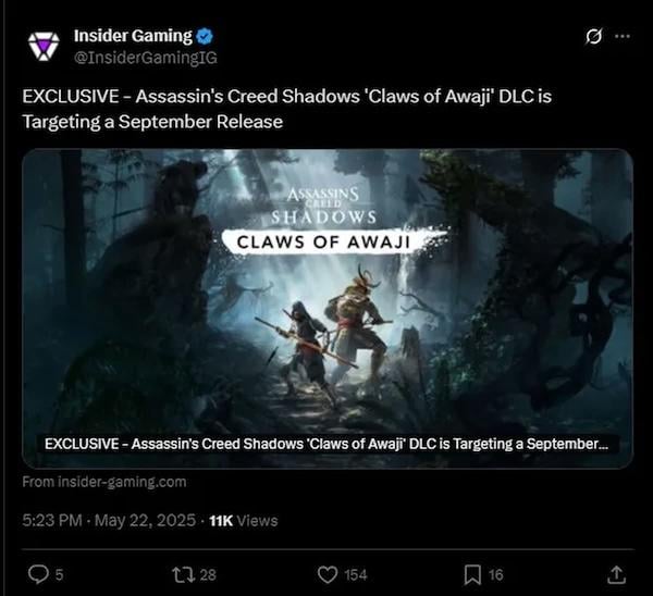 《刺客教條：暗影者》首款 DLC《淡路獵爪》預定  2025 年 9 月推出  育碧強勢加推 10 小時新內容