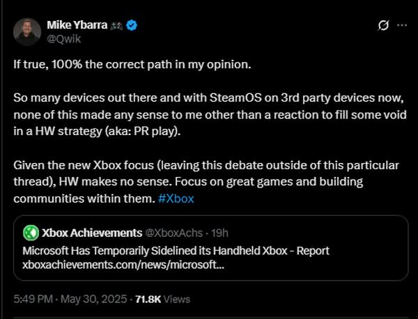 前暴雪總裁狠批微軟研發Xbox手提遊戲機計劃：完全唔合理