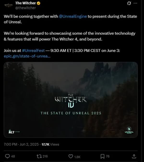 《巫師 4》本週現身 Unreal 展示會　CD Projekt Red 親自證實參與