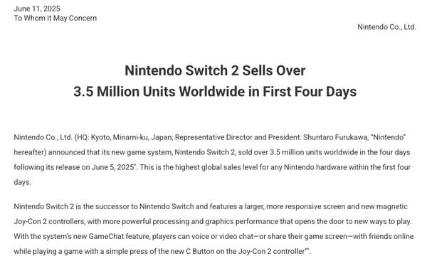 任天堂公布Switch 2首發成績　四日內全球銷量突破350萬部