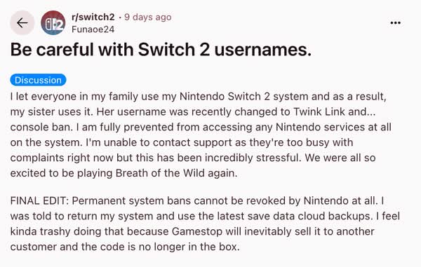 Switch 2主機封鎖潮延燒　玩家因用戶名遭Ban主機報廢