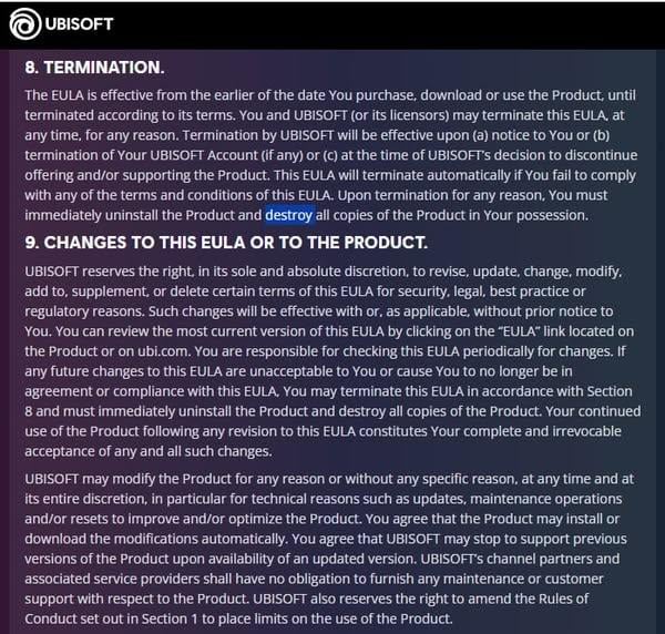 Ubisoft或可要求玩家刪除及銷毀遊戲所有副本