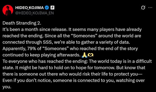 Kojima 公開統計數據 《Death Stranding 2》主線通關後仍有 80% 玩家繼續遊玩　