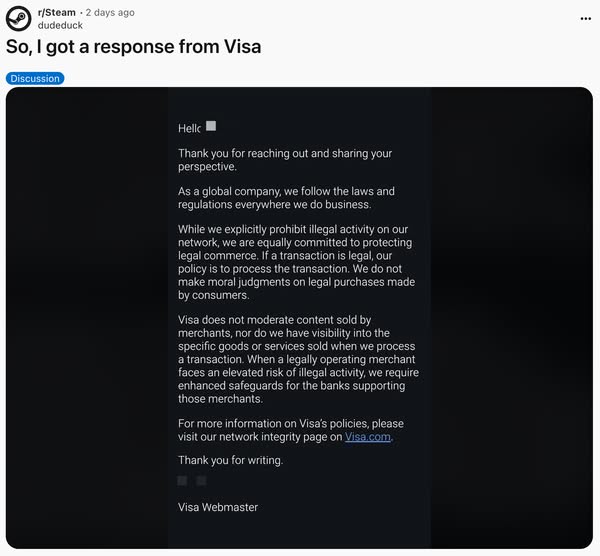 Visa回應Steam成人遊戲下架事件：否認內容審查與干預