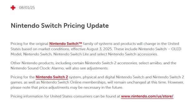  任天堂宣布美國原版 Switch 全系列即將加價　Switch 2 或將跟隨調整