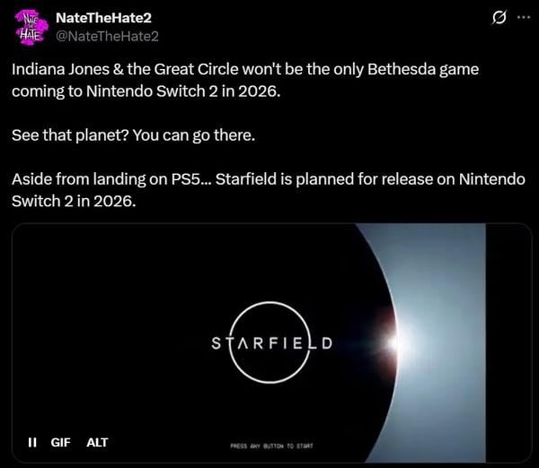 爆料稱《星空》將於 2026 年登上 Switch 2 與《奪寶奇兵》同場亮相
