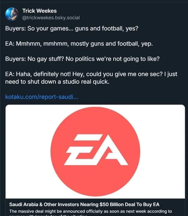 前 BioWare 開發者直言：隨着 EA 被沙特收購 工作室或面臨被關閉危機