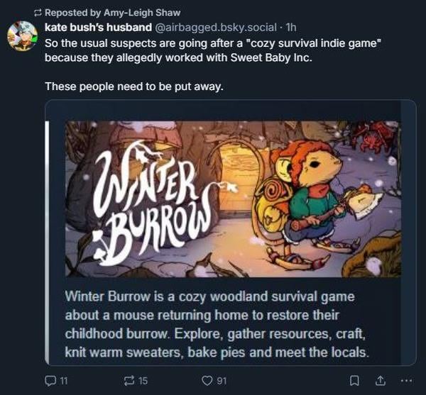 《Winter Burrow》開發團隊被指與 Sweet Baby Inc. 合作　封鎖玩家提問引爭議