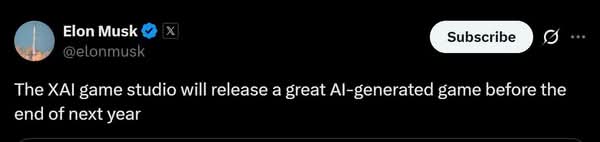 馬斯克計劃於 2026 年推出全由 AI 生成的遊戲