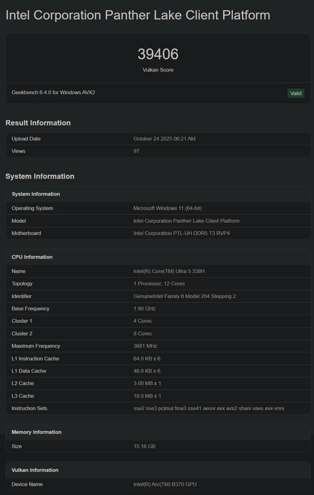 Panther Lake 晶片現身 Geekbench Intel 新 iGPU Arc B370 跑分曝光 Panther Lake 晶片現身 Geekbench Intel 新 iGPU Arc B370 跑分曝光
