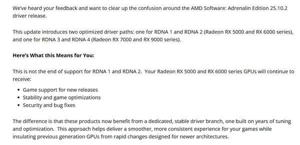 AMD 撤回終止 RDNA 1、2 優化決定　舊款 Radeon 顯示卡仍獲支援