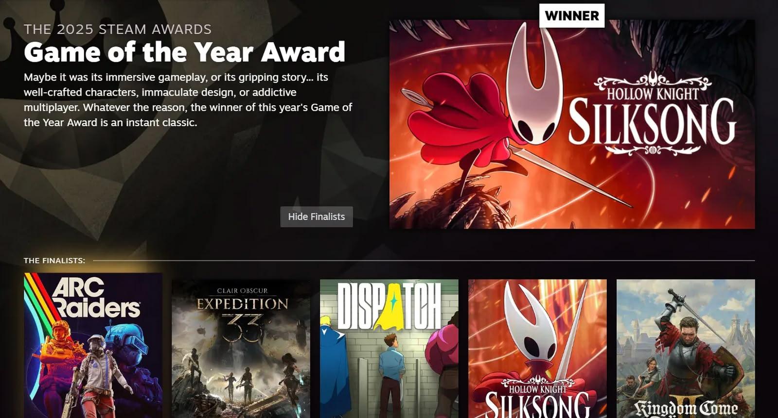 Hollow Knight Silksong 奪 Steam Awards 2025 年度遊戲