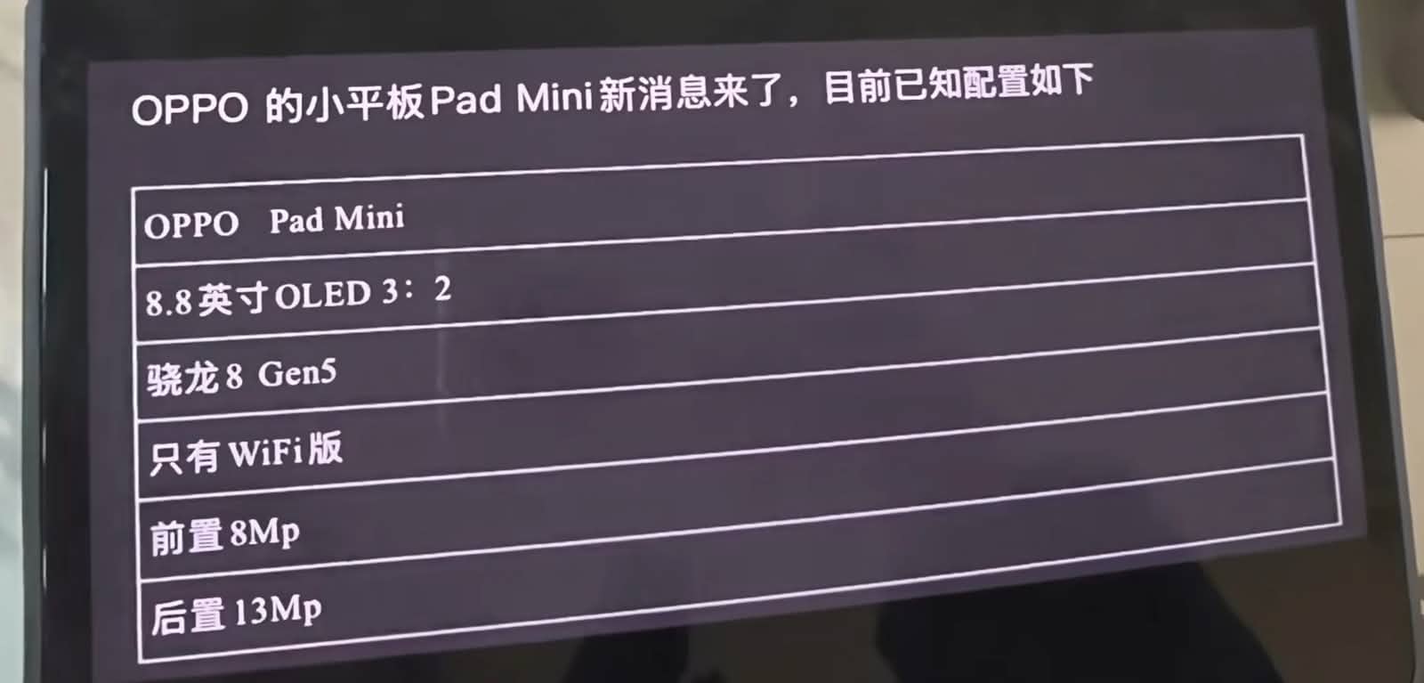 OPPO Pad Mini 曝光 8.8 吋旗艦平板配 8000mAh 電池 OPPO Pad Mini 曝光 8.8 吋旗艦平板配 8000mAh 電池