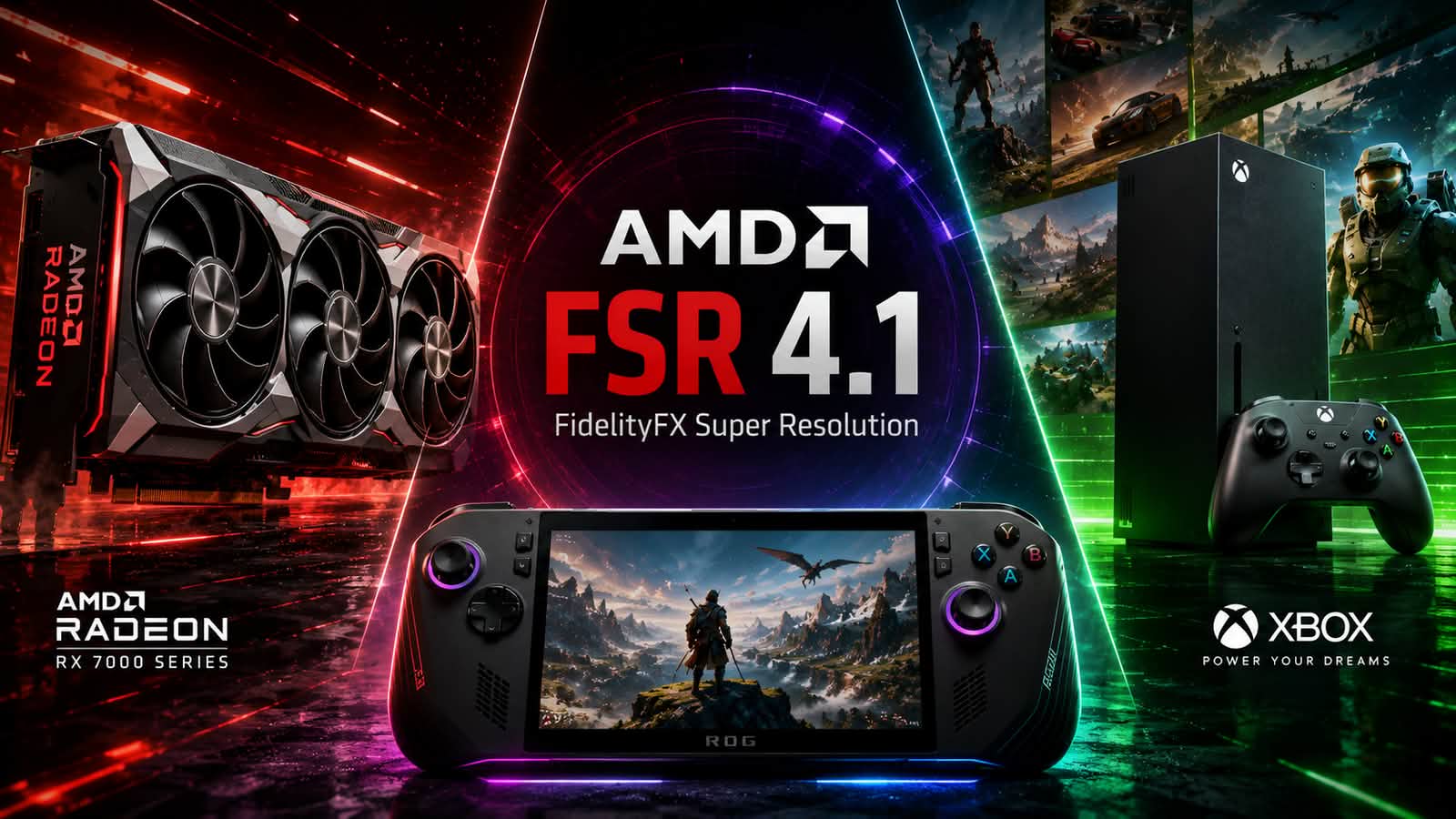 Ilustra&ccedil;&atilde;o de an&uacute;ncio do FSR 4.1 com port&aacute;til de jogos e hardware AMD